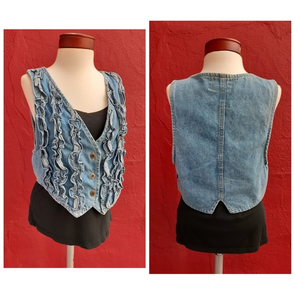 Vintage 80's Ruffle Denim Jean Vest Rare - Picture 8 of 8